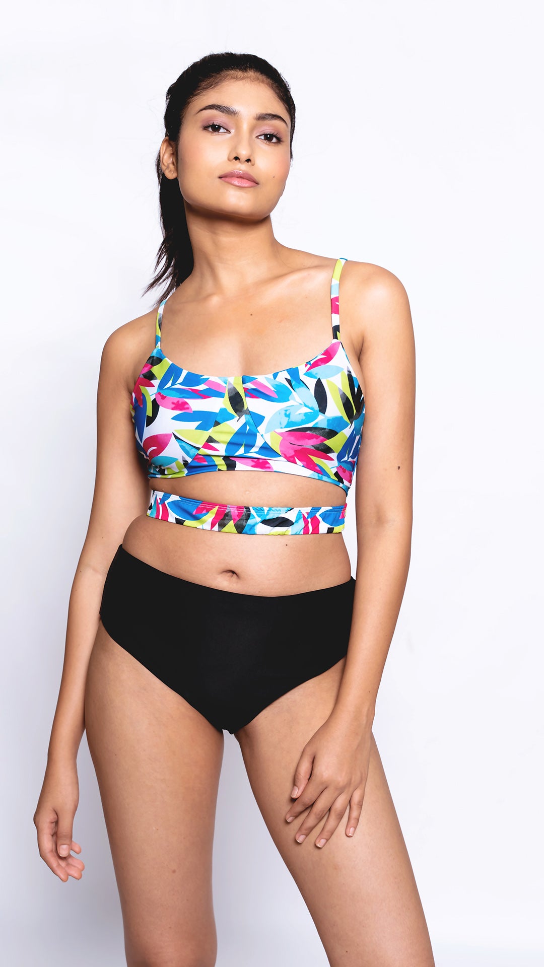 Logut multicolor printed swimwear top and Black Full Coverage