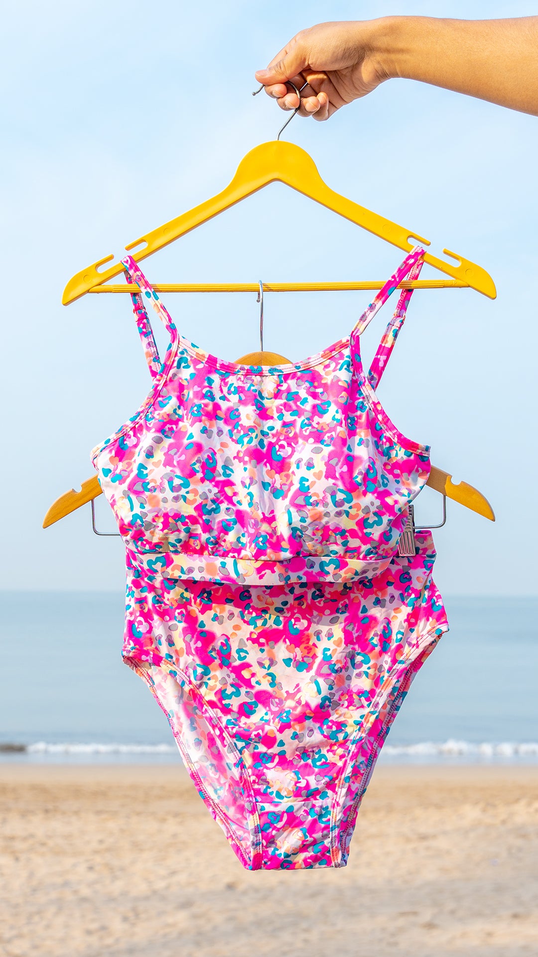 Pink Flower Bikini Padded Top & Full Coverage Bikini Bottom - Logut Swimwear
