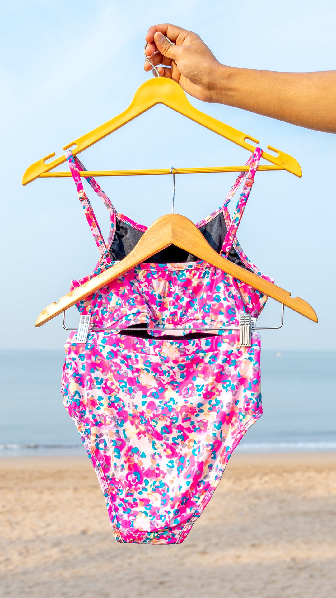 Pink Flower Bikini Padded Top & Full Coverage Bikini Bottom - Logut Swimwear